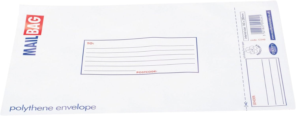 Set of 25 small County polythene mail bags, 16 x 23cm, used for packaging and mailing items.