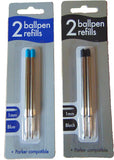 Twin pack black ballpoint pen refills compatible with Parker pens by County, showing two black ink refills on a white background.
