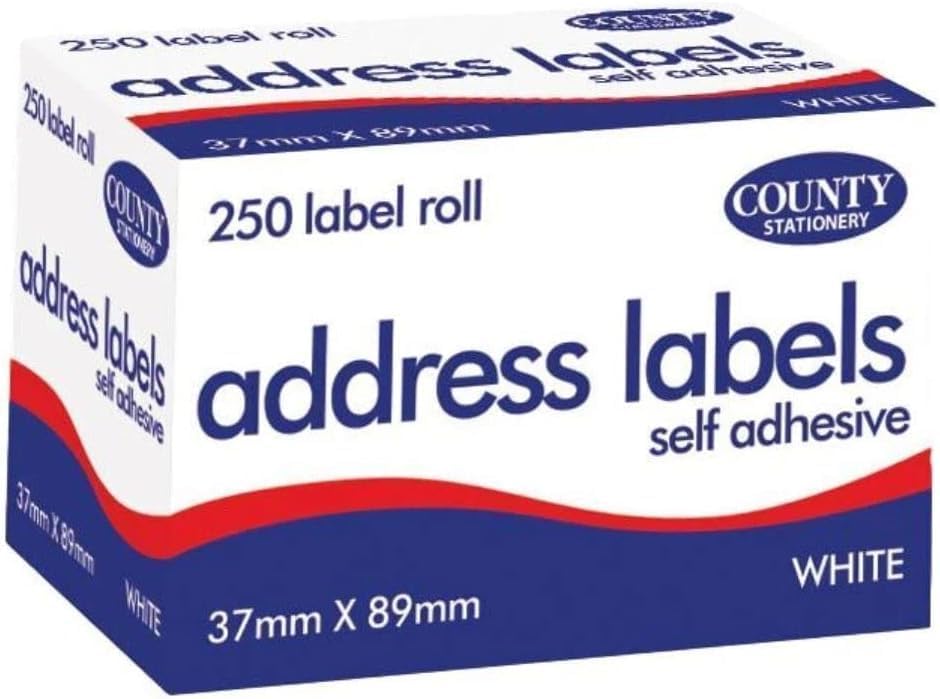 County stationery address label roll with 250 adhesive labels, ideal for mailing and organization.