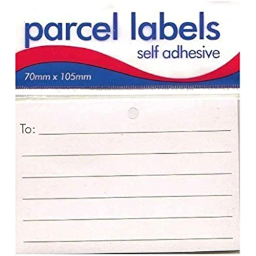 Self-adhesive parcel labels from County stationery, showing 12 white adhesive labels for shipping or mailing purposes.