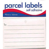 Self-adhesive parcel labels from County stationery, showing 12 white adhesive labels for shipping or mailing purposes.