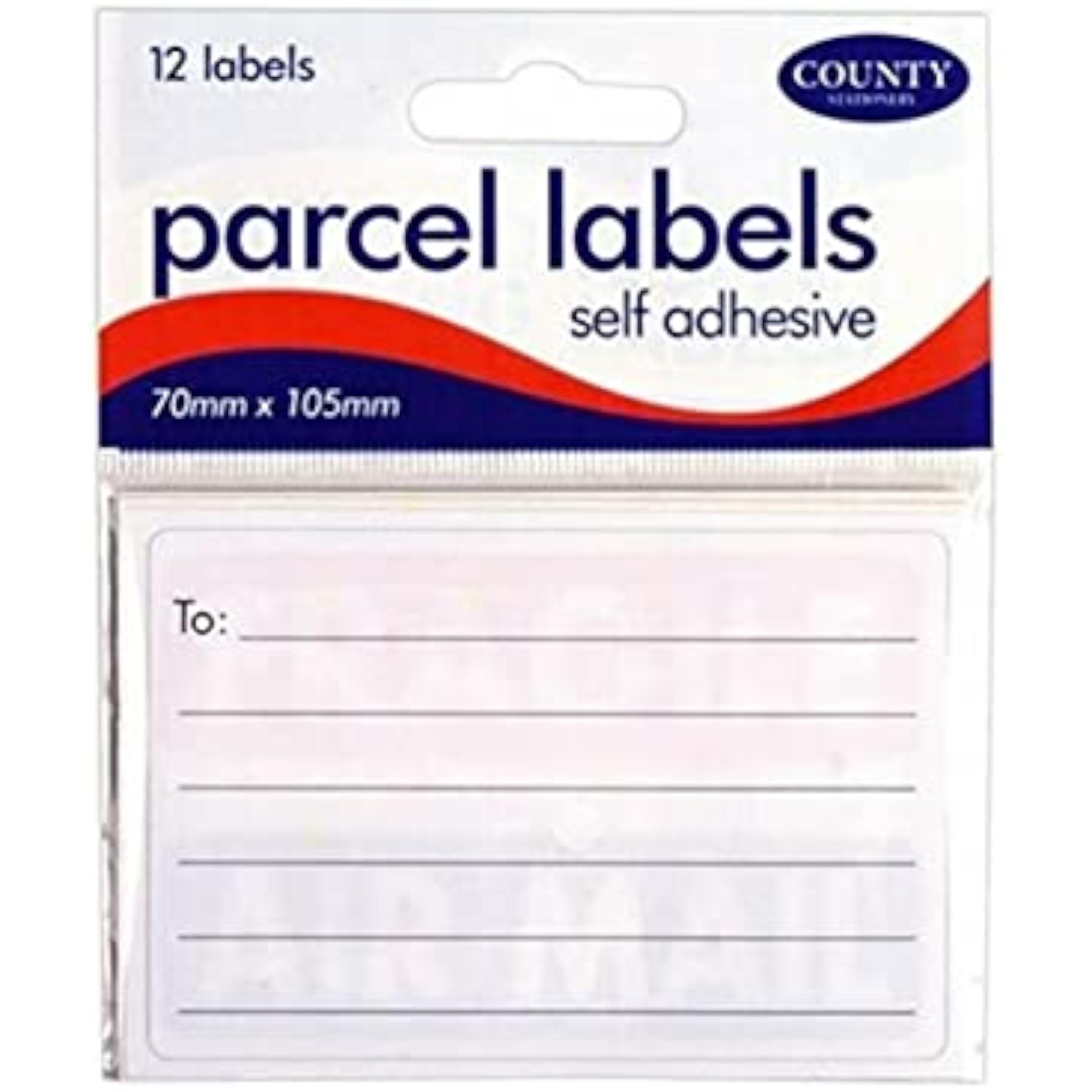 Self-adhesive parcel labels from County stationery set, showing 12 blank labels for packaging and shipping purposes.