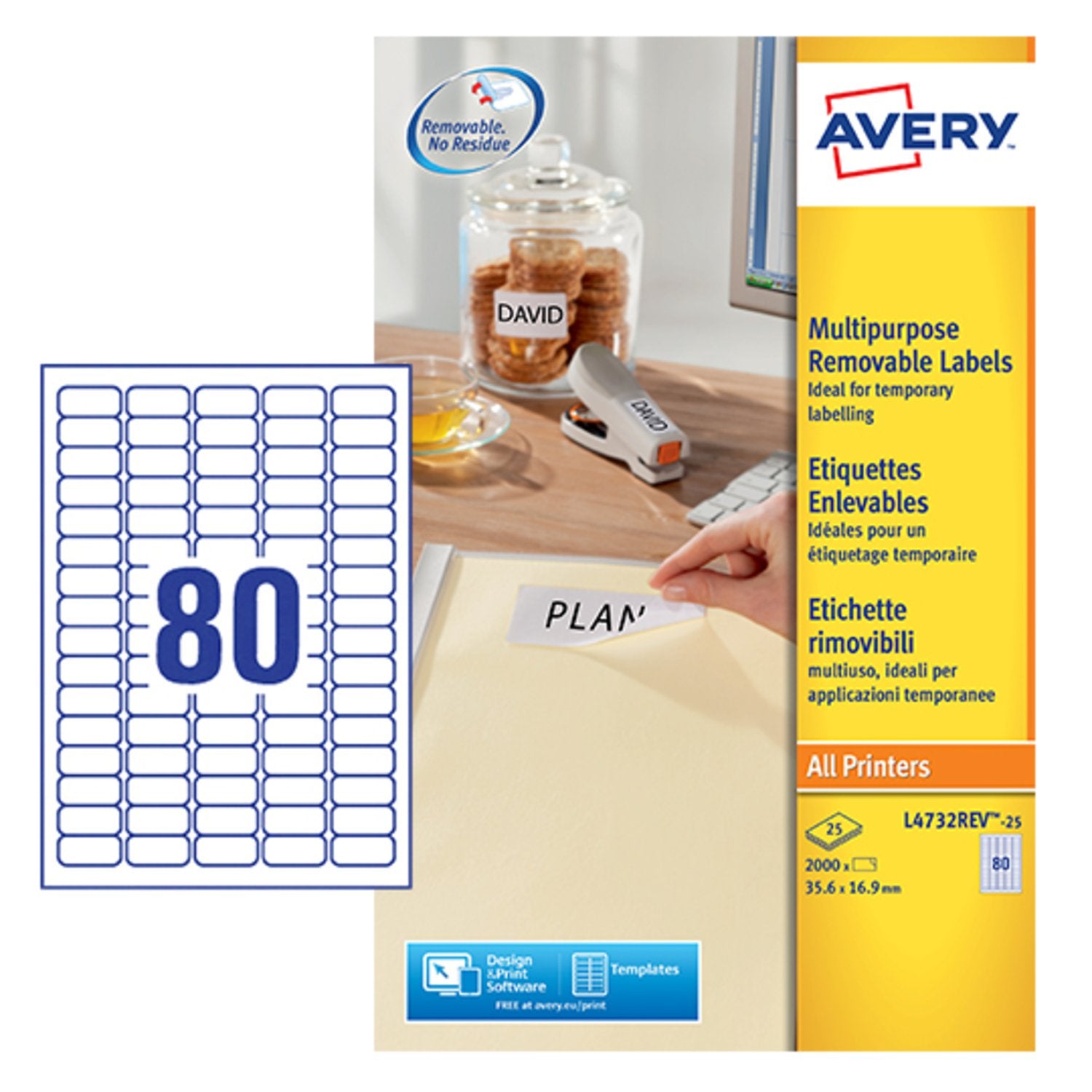 Avery Multipurpose Mini Removable Label 35.6x16.9mm 80 Per A4 Sheet White (Pack 2000 Labels) L4732REV-25