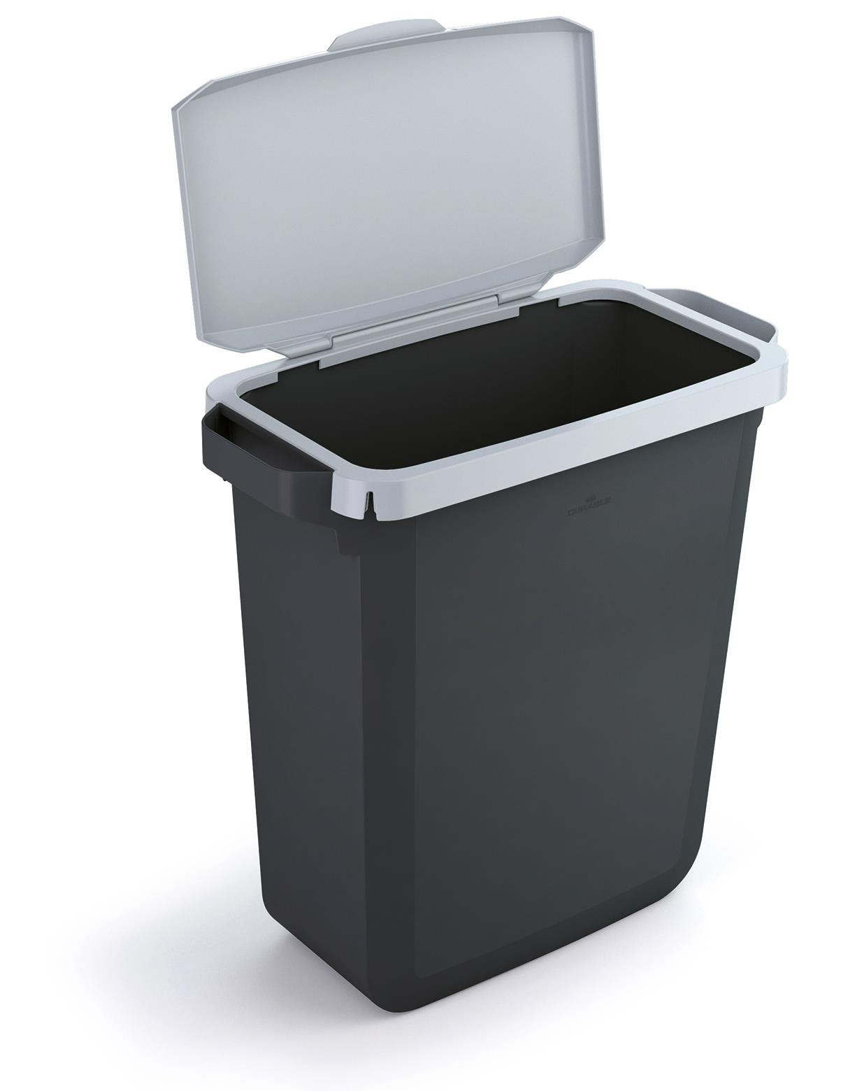 Durable DURABIN ECO 80% Recycled Plastic Waste Recycling Bin 60 Litre Rectangular Black with Grey Hinged Lid - VEH2023026 DD