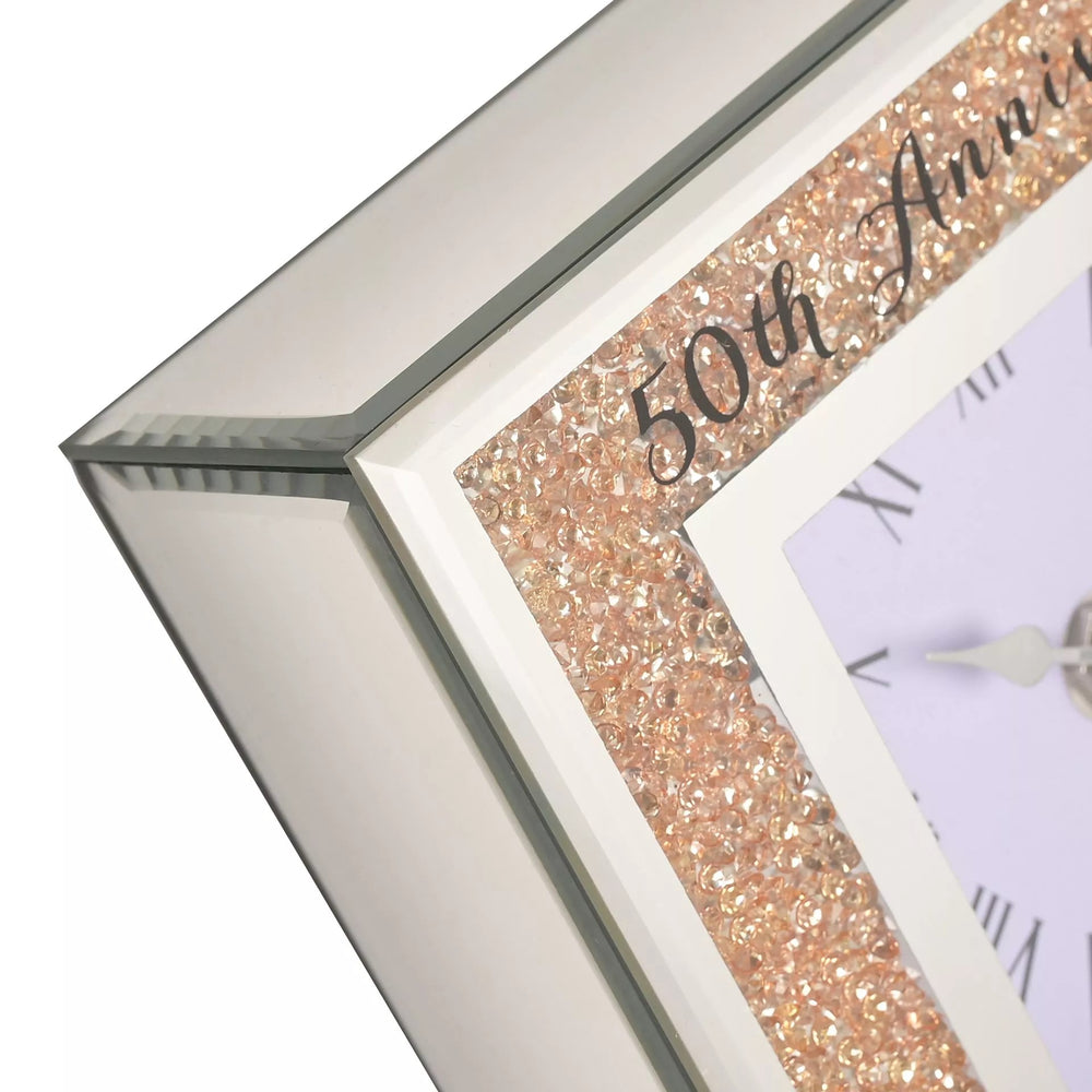 50th Wedding Anniversary Mantel Clock – Gold Crystal Rim, Roman Numerals, Elegant Glass Design – Golden Anniversary Gift for Couples
