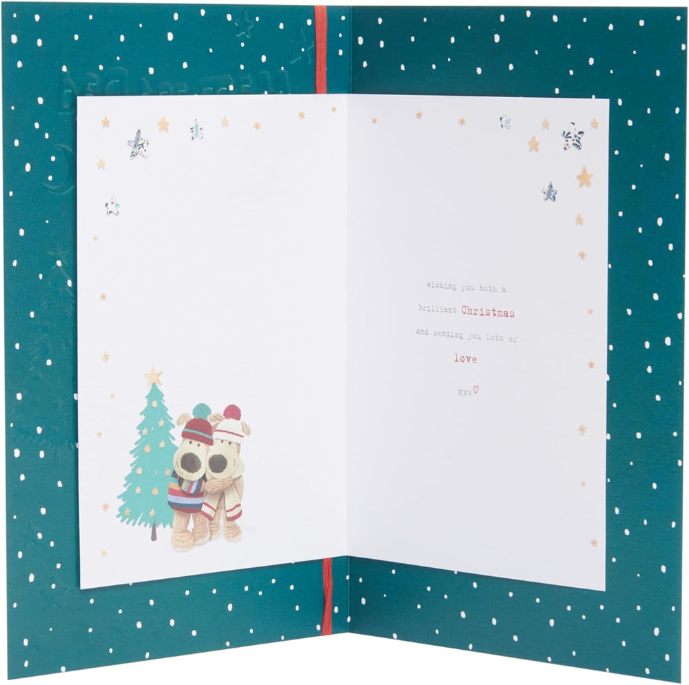 Mam and Dad Christmas Greeting Card – Cute Boofles Outside the House Festive Design