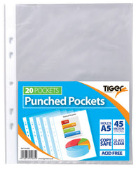 Tiger Multi Punched Pocket Polypropylene A5 45 Micron Top Opening Clear (Pack 20) - 301085