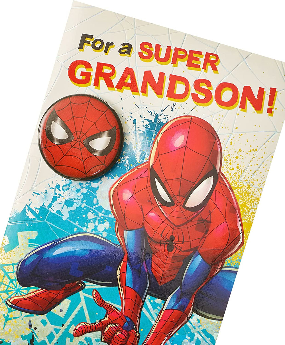 Spiderman Birthday Card For Grandson With Spiderman Face Badge