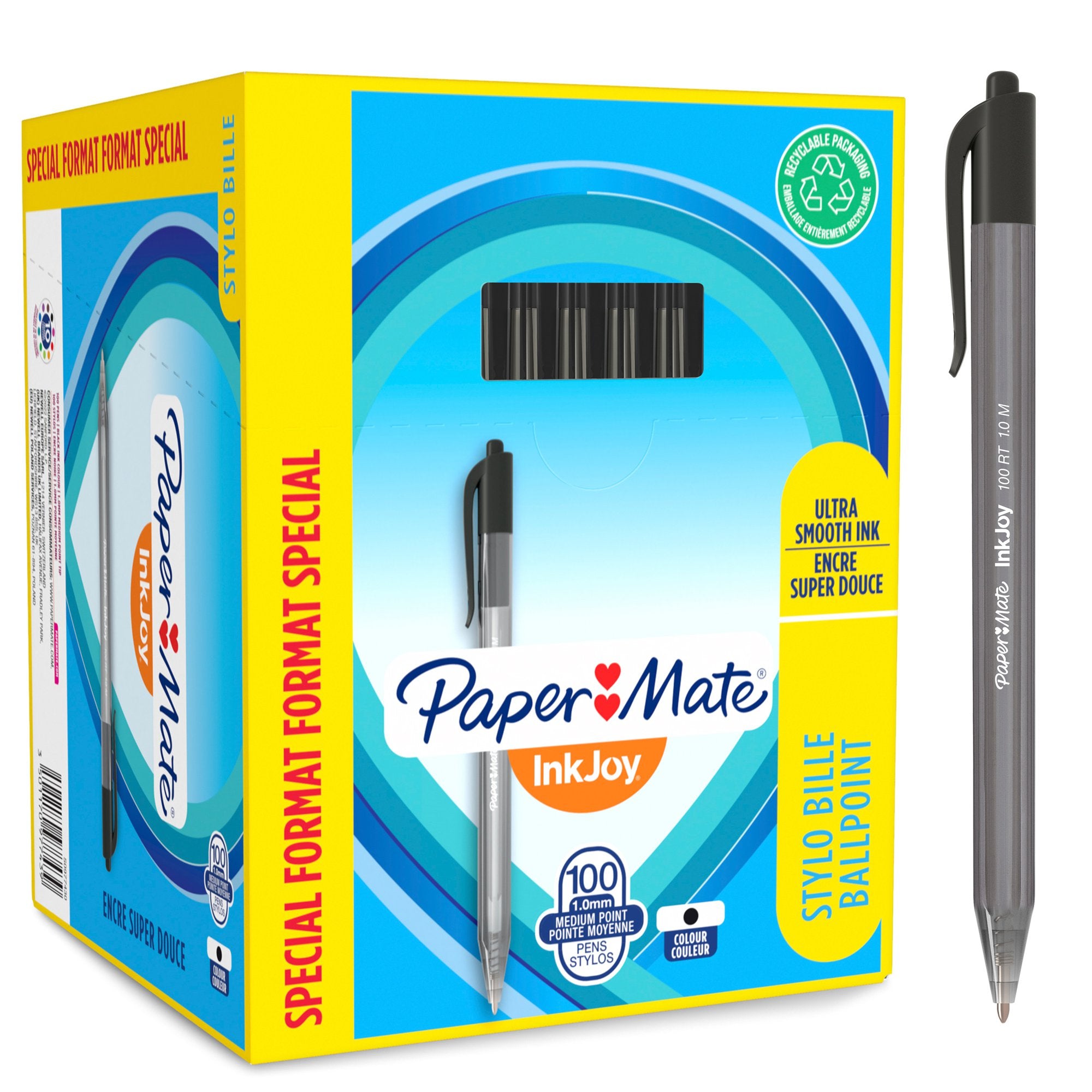 Paper Mate InkJoy 100 Retractable Ballpoint Pen 1.0mm Tip 0.7mm Line Black (Pack 80 + 20 Free) - S0977430