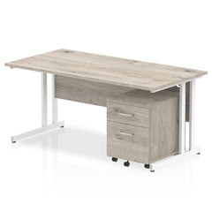 Impulse Cantilever Straight Office Desk W1600 x D800 x H730mm Grey Oak Finish White Frame With 2 Drawer Mobile Pedestal - I003803 DD
