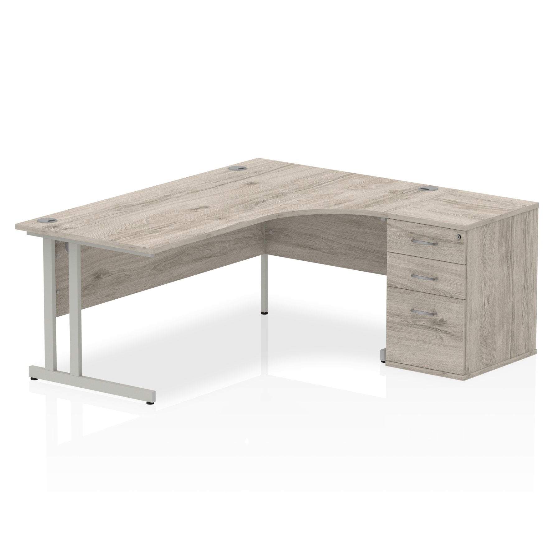 Dynamic Impulse 1800mm Right Crescent Desk Grey Oak Top Silver Cantilever Leg Workstation 600mm Deep Desk High Pedestal Bundle I003207 DD