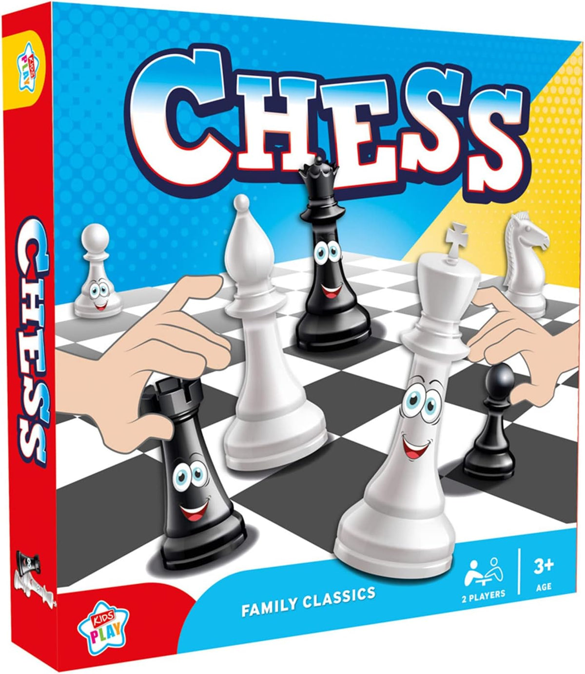 Kids playing DG brand chess board game with colorful pieces on a wooden game board, suitable for children and family fun.