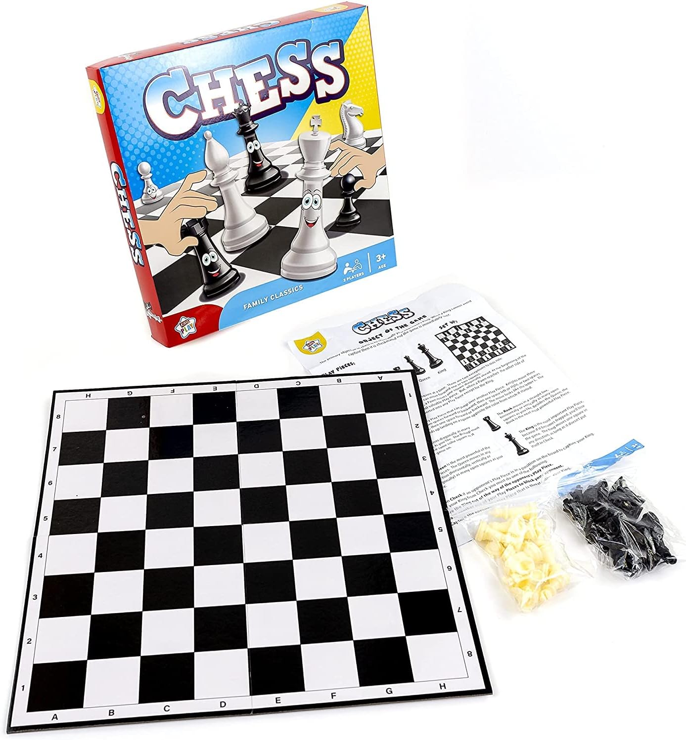 Kids play chess board game by DG featuring a colorful wooden chessboard and chess pieces for children’s strategic fun.