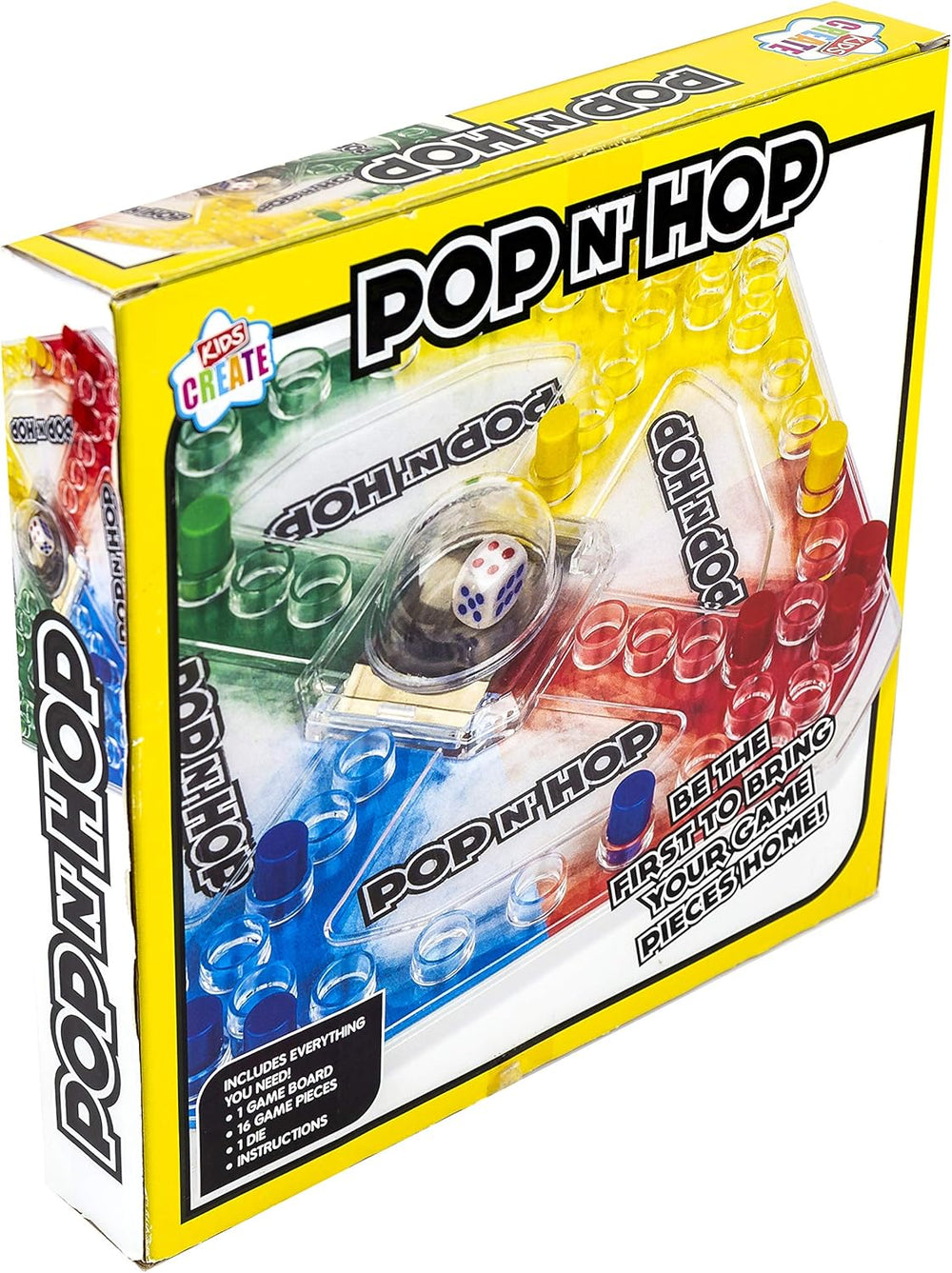 DG Pop 'N' Hop! Get Your Pieces Home! classic game with colorful game pieces and vibrant game board for family fun.