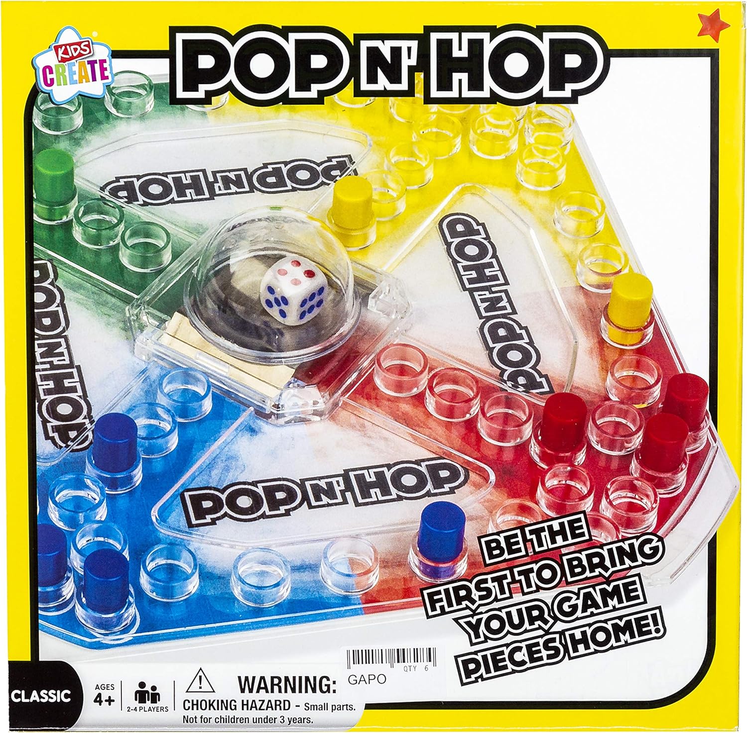 DG Pop 'N' Hop! Get Your Pieces Home! classic game box with colorful game pieces and vibrant artwork.
