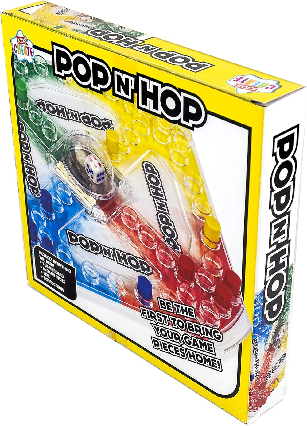 DG Pop 'N' Hop! Get Your Pieces Home! classic game with colorful game pieces and a game board for family fun.