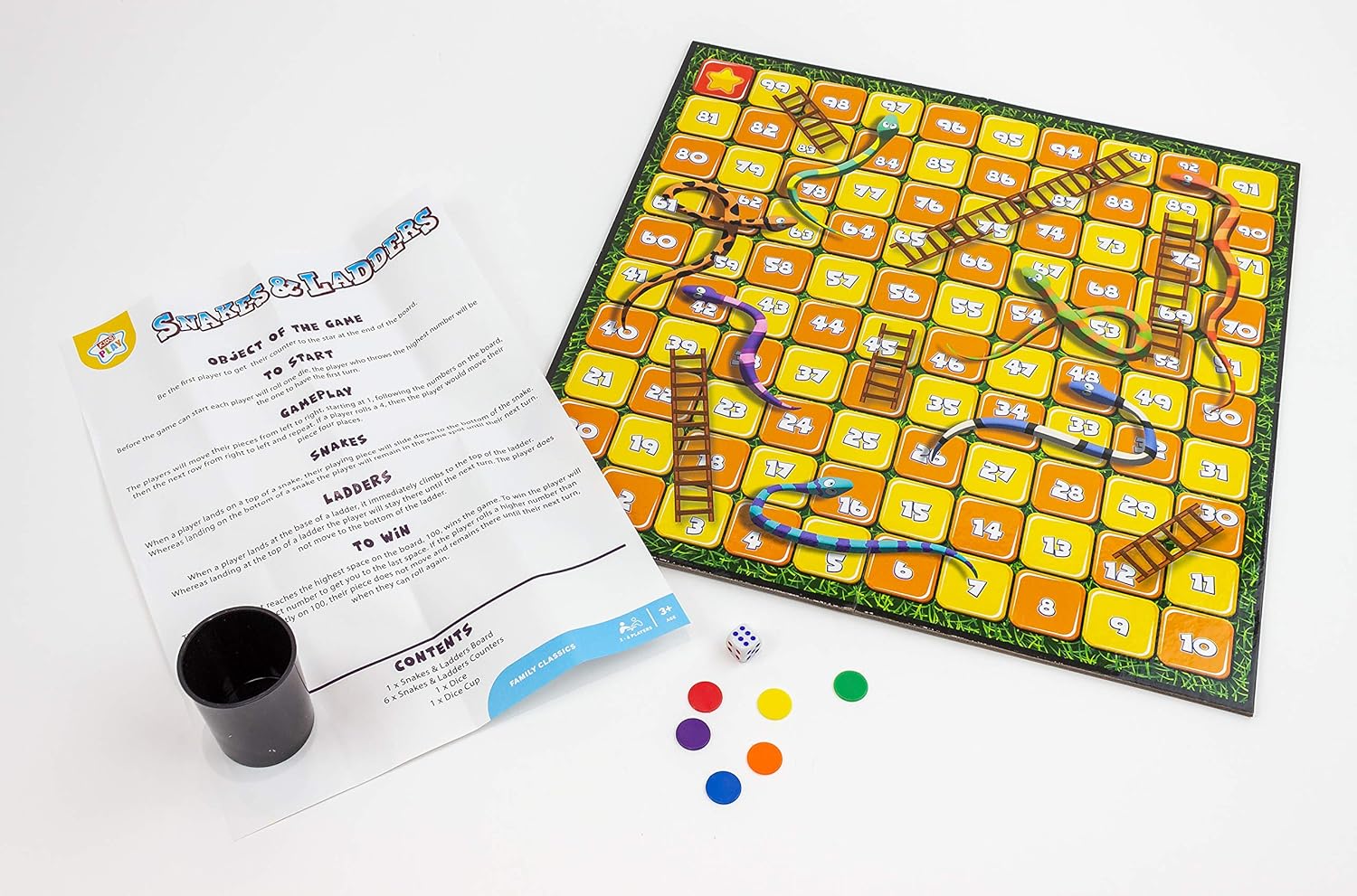 DG Snakes & Ladders Family Classics Board Game with colorful game board and game pieces for family fun.