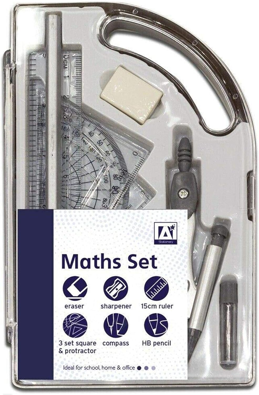 DG 9-piece maths geometry set including ruler, compass, protractor, and set squares for school exams and geometry lessons.