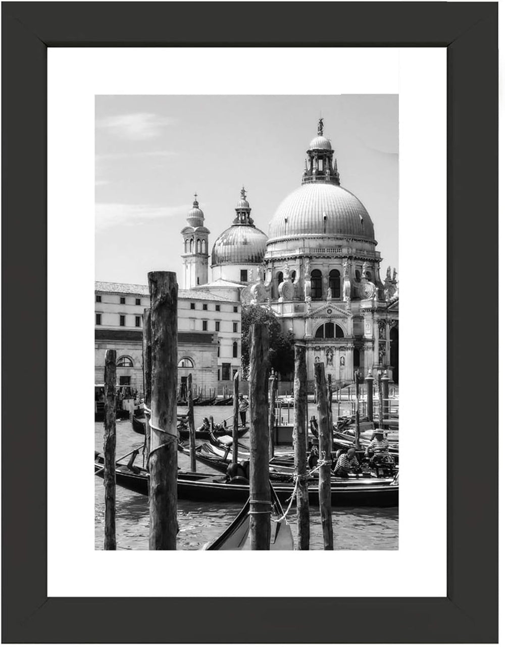 Black DG Nouveau simple design styrene photo frame holding a 5x7 inch photograph. Modern, sleek photo display.