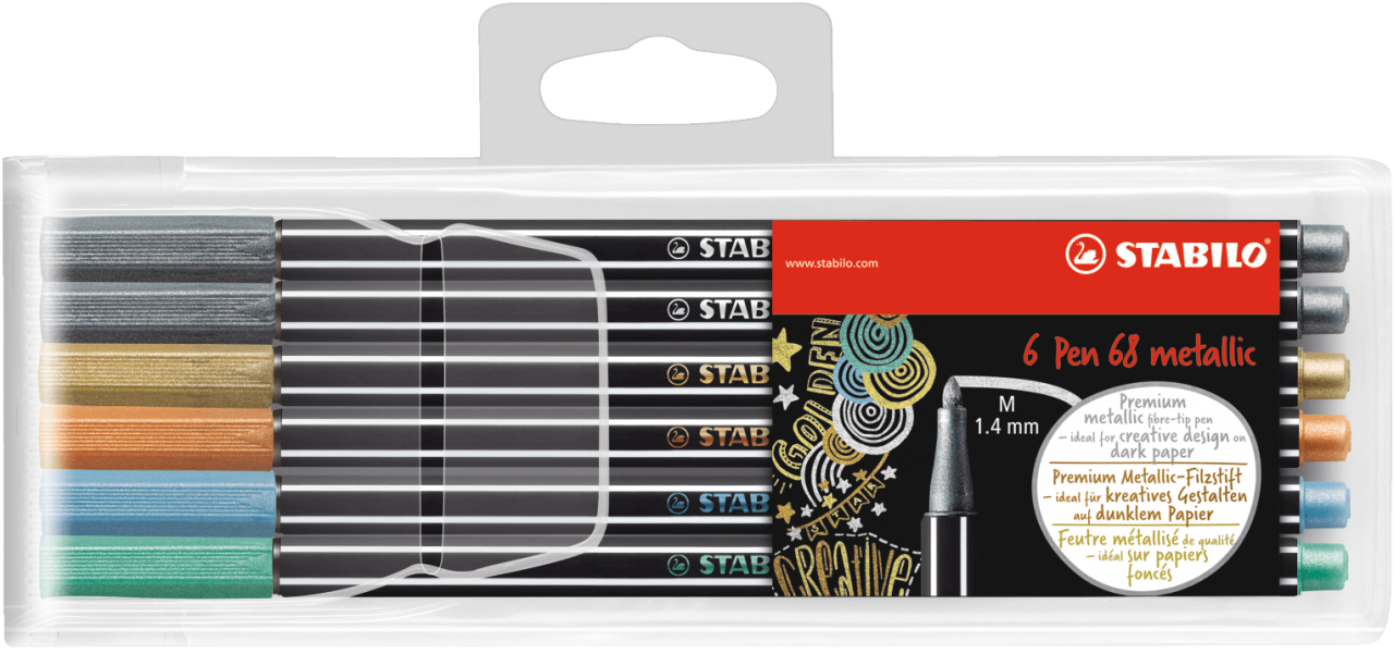 STABILO Pen 68 Fibre Tip Pen 1.4mm Line Metallic Assorted Colours (Wallet 6) - 6806/8-11-01