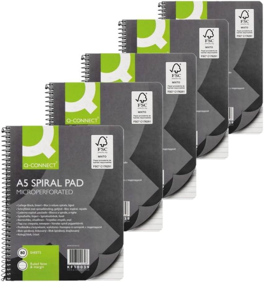 Q-Connect Ruled Margin Spiral Soft Cover Notebook 160 Pages A5 (Pack of 5)