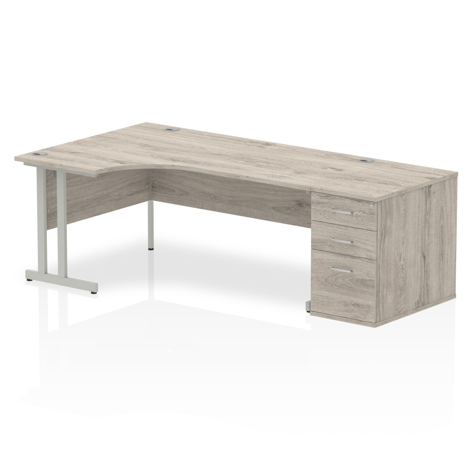 Dynamic Impulse 1800mm Left Crescent Desk Grey Oak Top Silver Cantilever Leg Workstation 800mm Deep Desk High Pedestal Bundle I003202 DD