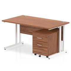 Impulse Cantilever Straight Office Desk W1400 x D800 x H730mm Walnut Finish White Frame With 2 Drawer Mobile Pedestal - I003915 DD