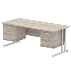 Dynamic Impulse W1800 x D800 x H730mm Straight Office Desk Cantilever Leg With 2x2 Drawer Double Fixed Pedestal Grey Oak Finish Silver Frame - I003513 DD