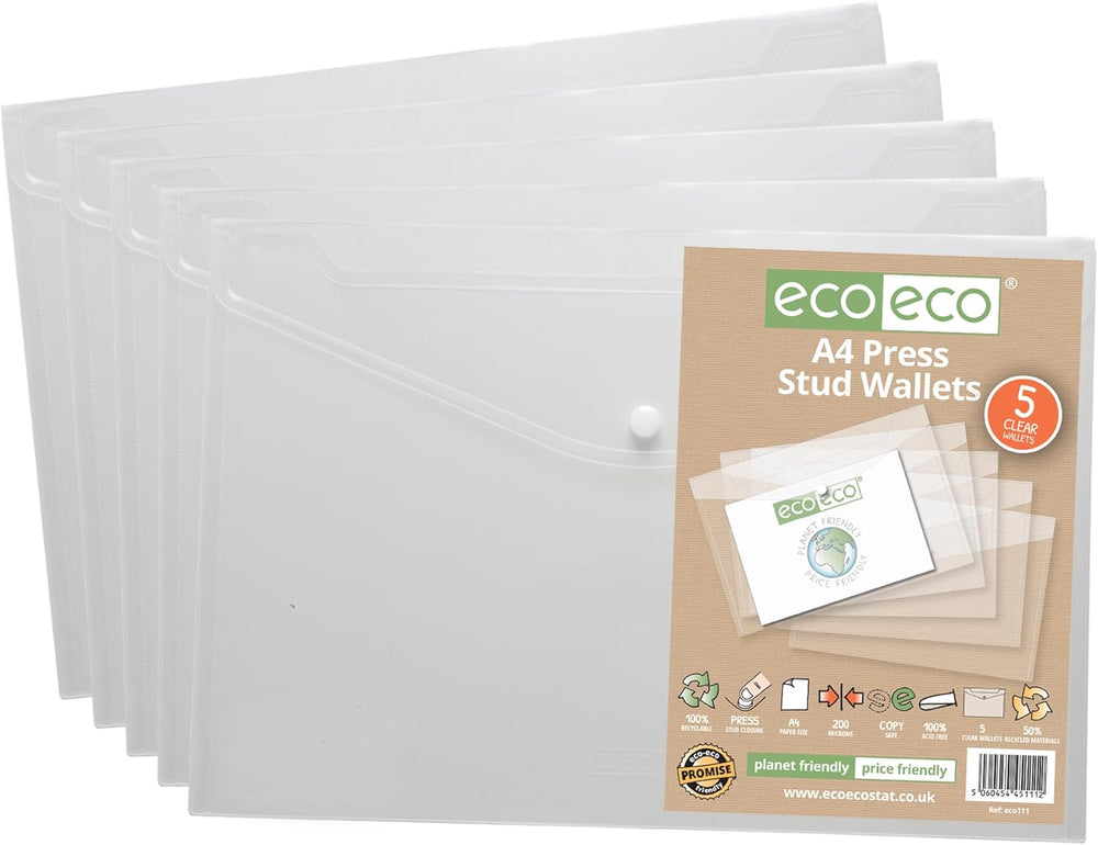 A4 50% Recycled Clear Transparent Press Stud Popper Wallet, Plastic Folders 310x238mm (Pack of 5)