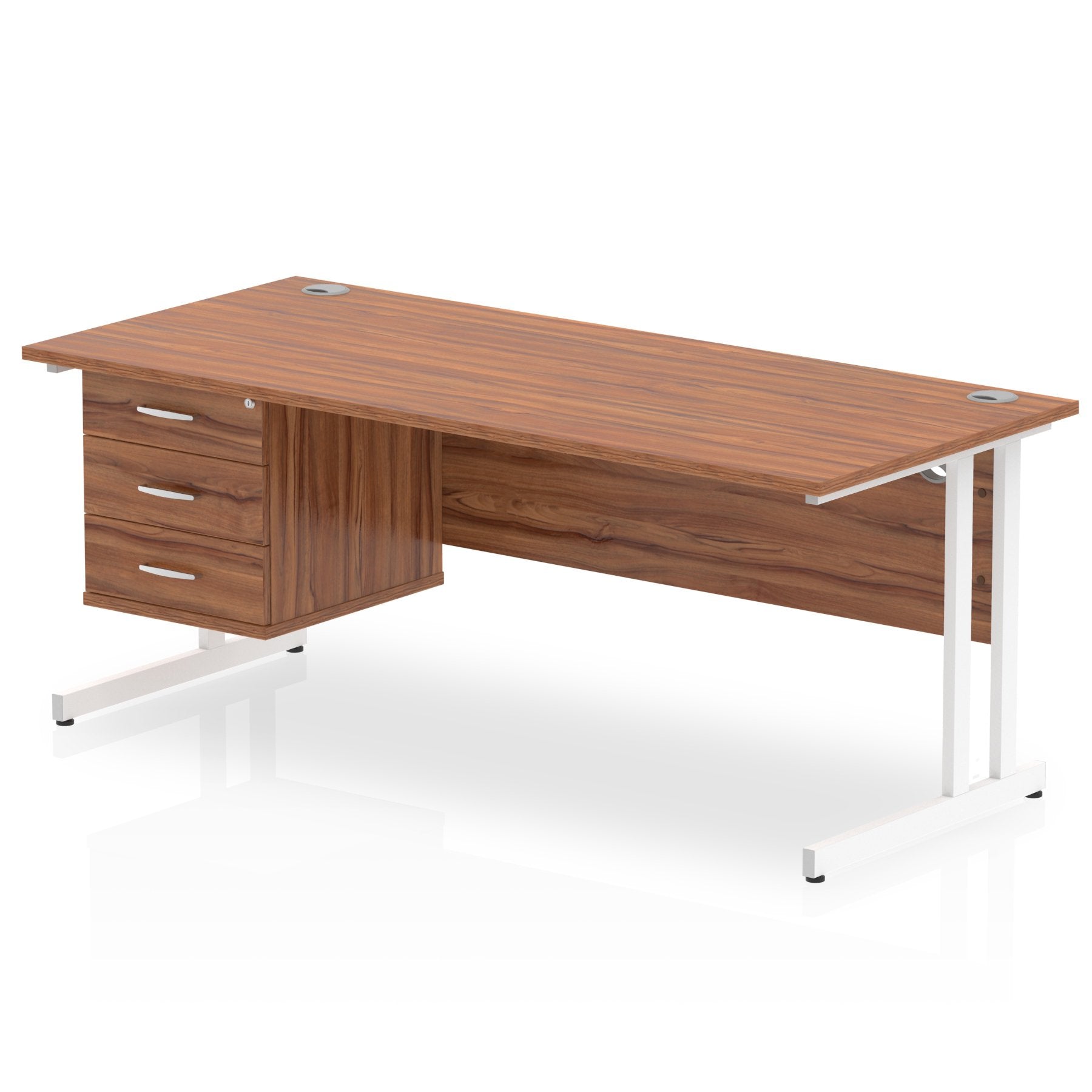 Dynamic Impulse W1800 x D800 x H730mm Straight Office Desk Cantilever Leg With 1 x 3 Drawer Single Fixed Pedestal Walnut Finish White Frame - MI001934 DD