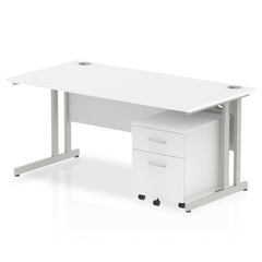 Impulse Cantilever Straight Ofice Desk W1600 x D800 x H730mm White Finish Silver Frame With 2 Drawer Mobile Pedestal - MI000956 DD