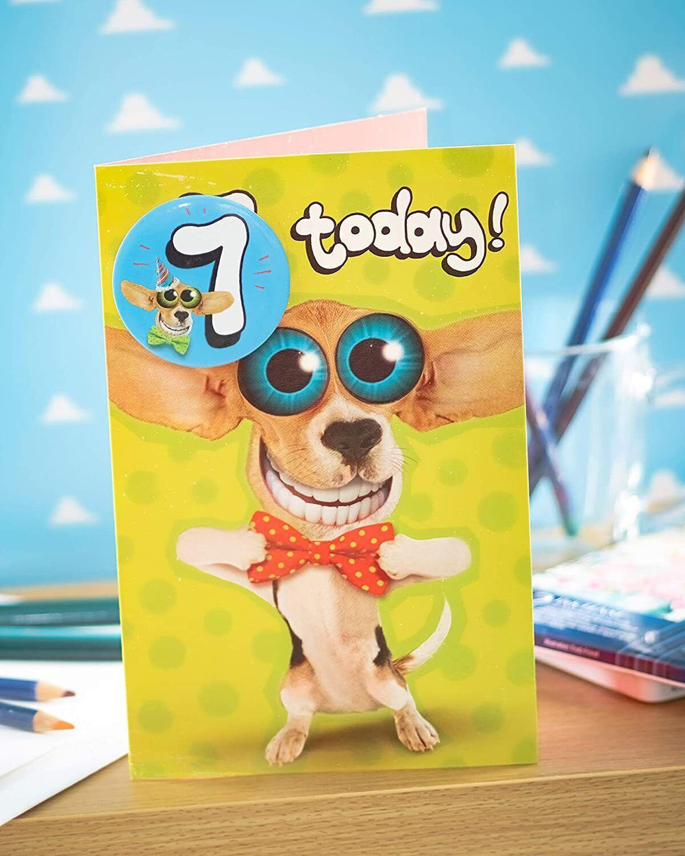 Dog with Big Eyes 7th Birthday Card with Badge