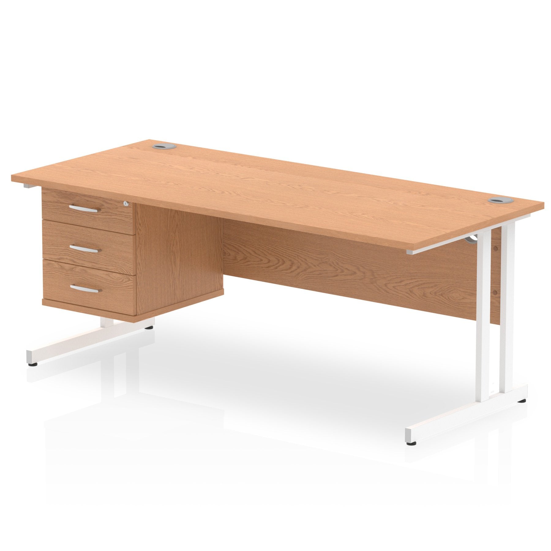 Dynamic Impulse W1800 x D800 x H730mm Straight Office Desk Cantilever Leg With 1 x 3 Drawer Single Fixed Pedestal Oak Finish White Frame - MI002672 DD