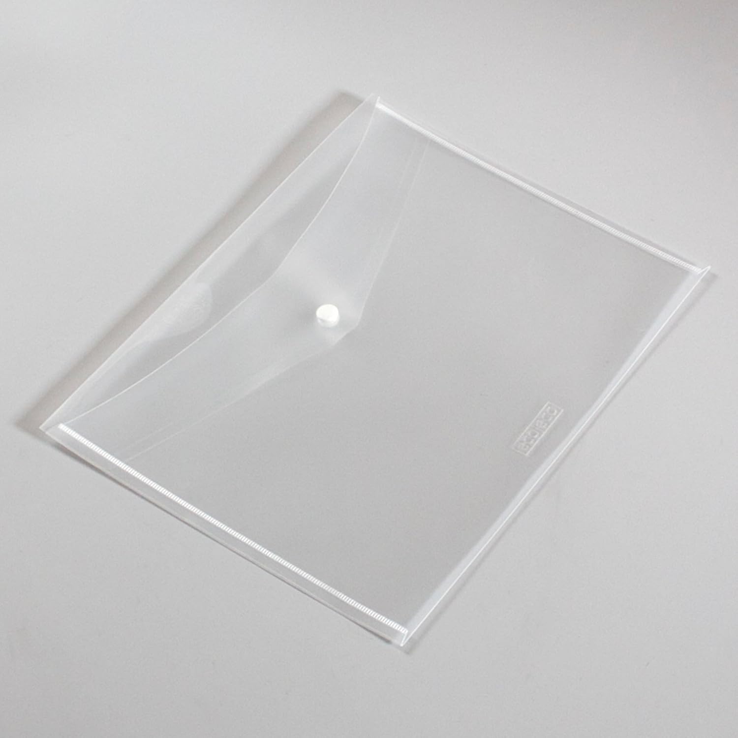 Pack of five transparent plastic A4 wallets with press stud closures, made from 50% recycled materials by Eco-Eco Stationery.