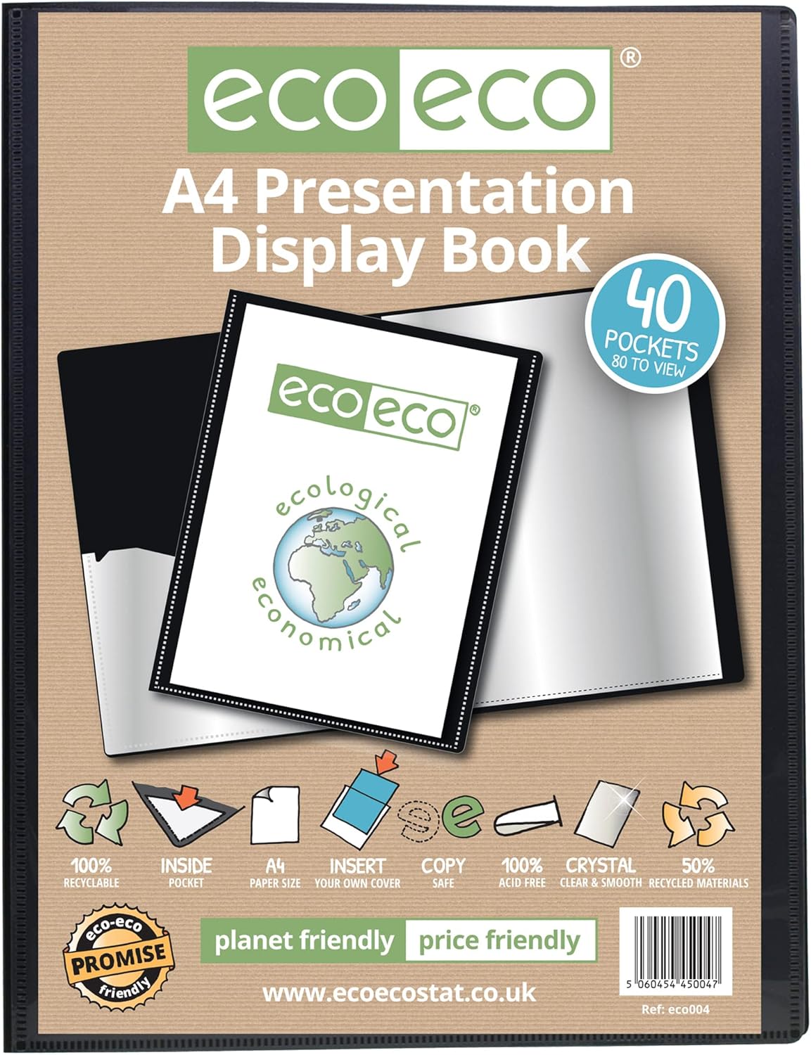 Eco-Eco Stationery A4 black presentation display book with 40 pockets, eco-friendly, durable, and made from 50% recycled materials.