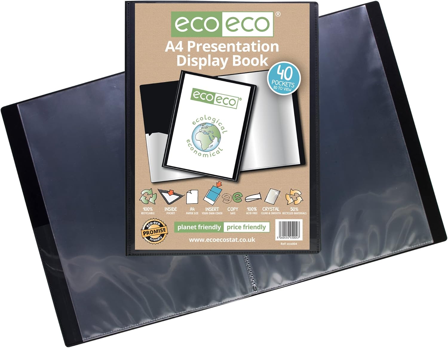 Eco-Eco Stationery A4 black presentation display book with 40 pockets, eco-friendly, durable, made from 50% recycled materials.