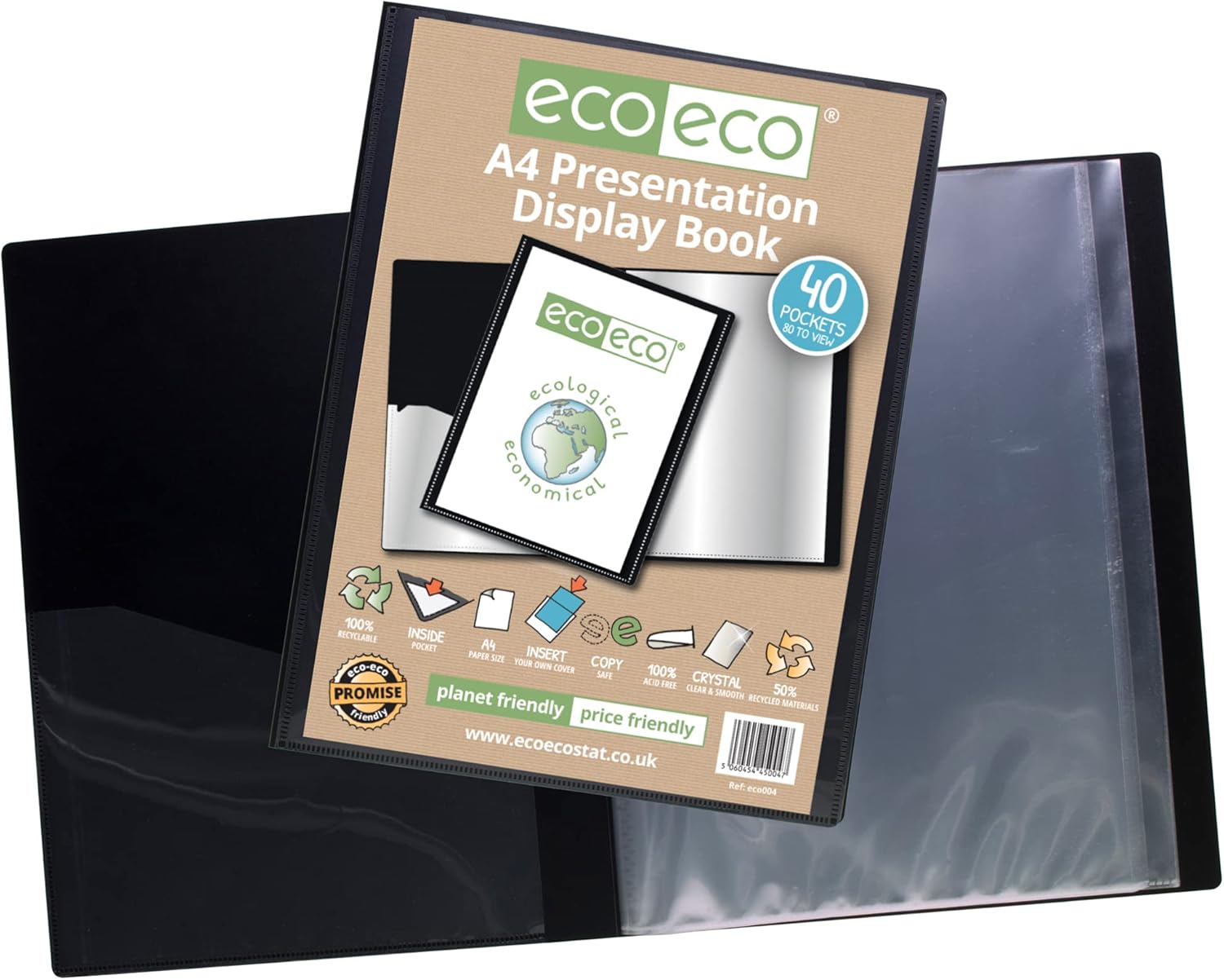 Eco-Eco Stationery A4 black presentation display book with 40 pockets, eco-friendly, durable, made from 50% recycled materials.