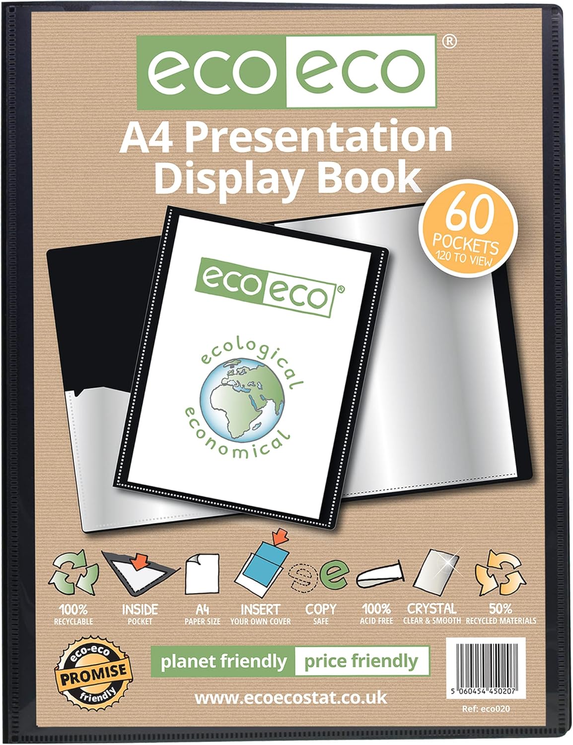 Eco-Eco Stationery A4 50% recycled black presentation display book with 60 pockets for filing and storage, eco-friendly and durable.