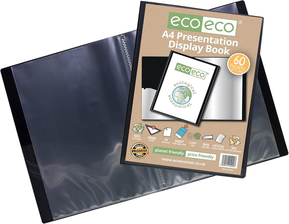 Eco-Eco Stationery A4 black presentation display book with 60 pockets, eco-friendly, durable, made from 50% recycled materials.
