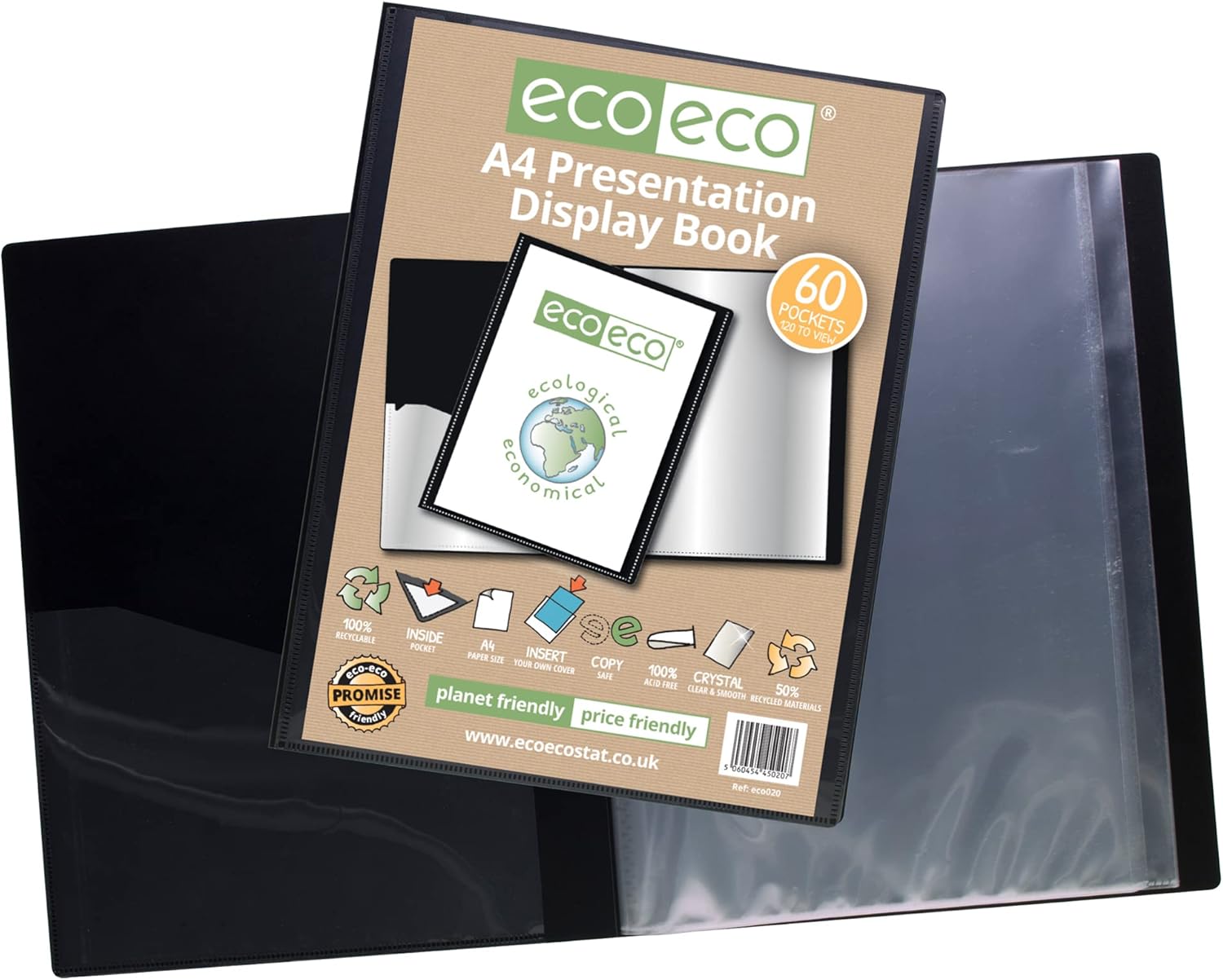 Eco-Eco Stationery A4 50% recycled black presentation display book with 60 pockets, eco-friendly and durable for filing and storage.