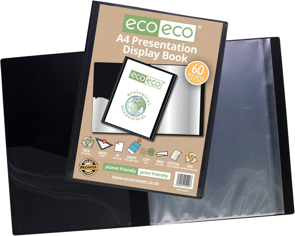 Eco-Eco Stationery A4 50% recycled black presentation display book with 60 pockets, eco-friendly and durable for filing and storage.