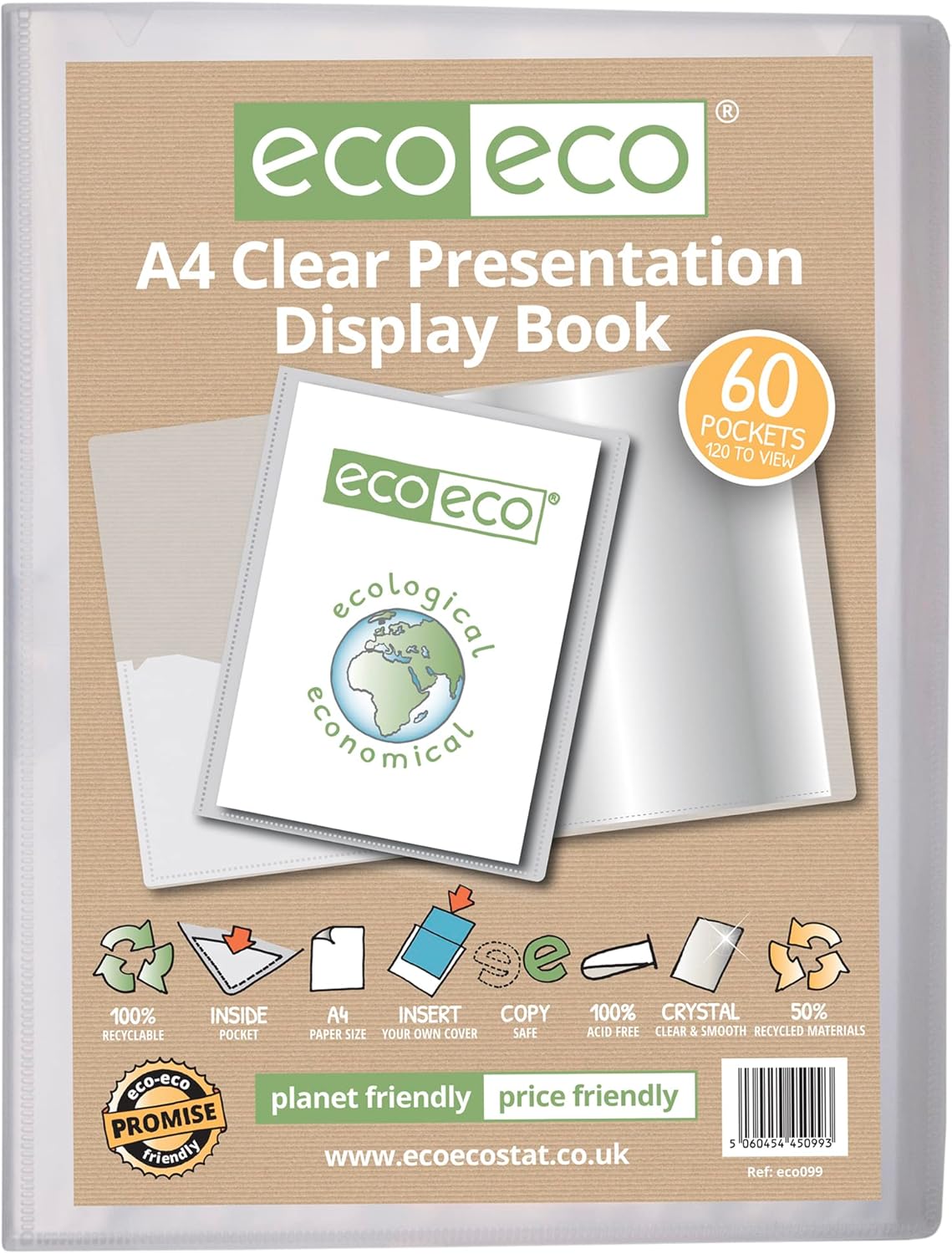 Eco-Eco Stationery A4 recycled clear presentation display book with 60 pockets, eco-friendly and durable for filing and storage.