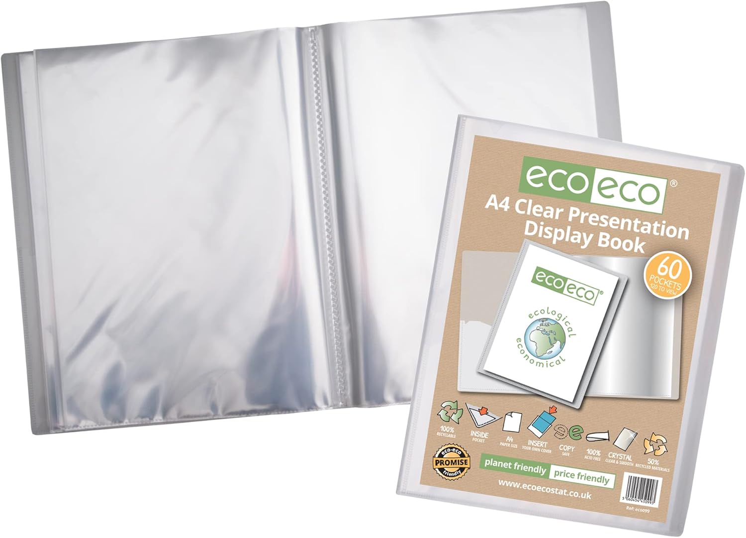 Eco-Eco Stationery A4 50% recycled clear presentation display book with 60 pockets, eco-friendly and durable filing and storage.