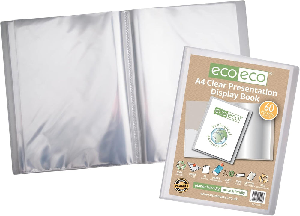 Eco-Eco Stationery A4 50% recycled clear presentation display book with 60 pockets, eco-friendly and durable filing and storage.