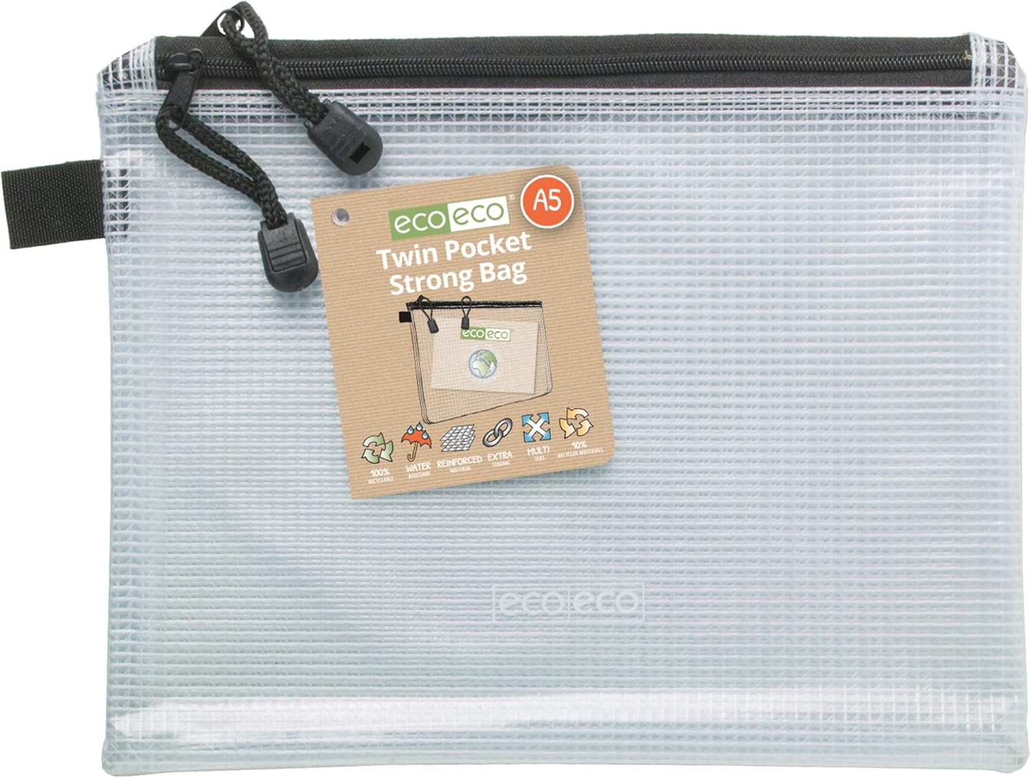 Eco-Eco Stationery 90% recycled clear flat pencil case, 20x13cm, eco-friendly and durable, shown with pens inside.