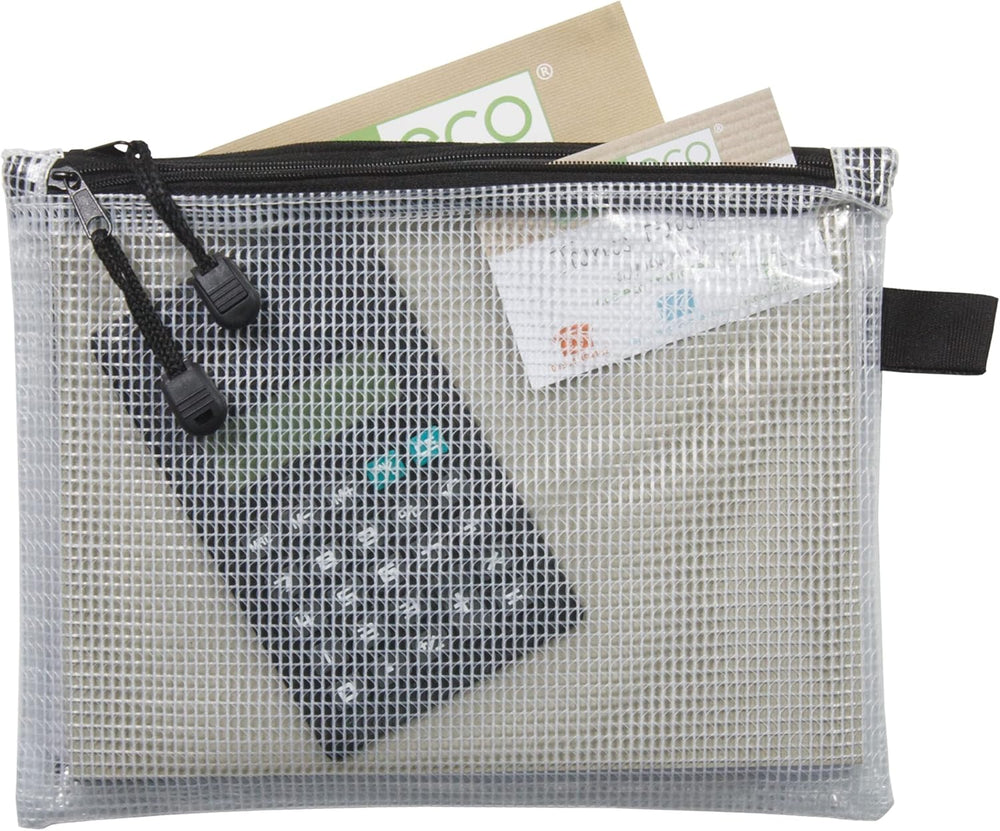 Eco-Eco Stationery clear flat pencil case made from 90% recycled materials, 20x13cm, eco-friendly and durable for school or travel.