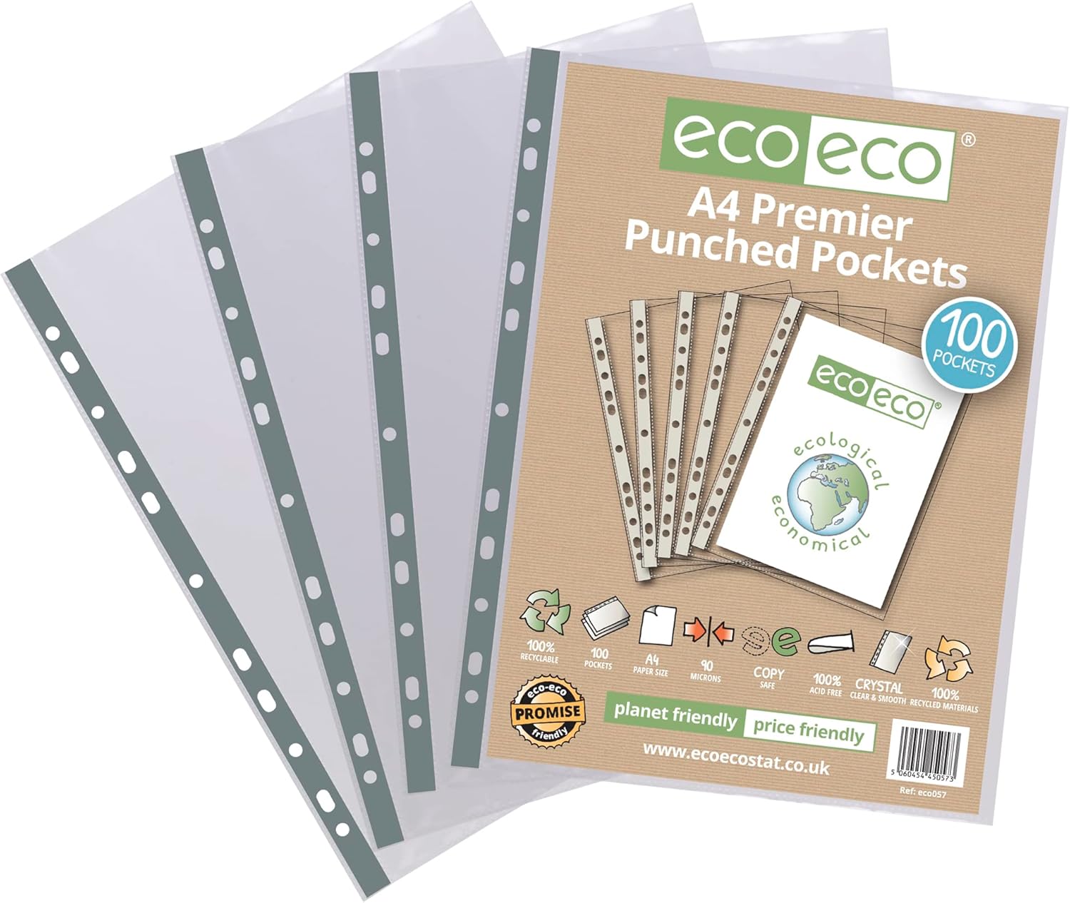 Pack of 100 Eco-Eco Stationery A4 recycled multi-punched pockets, 90 microns thick, durable, eco-friendly document protection.
