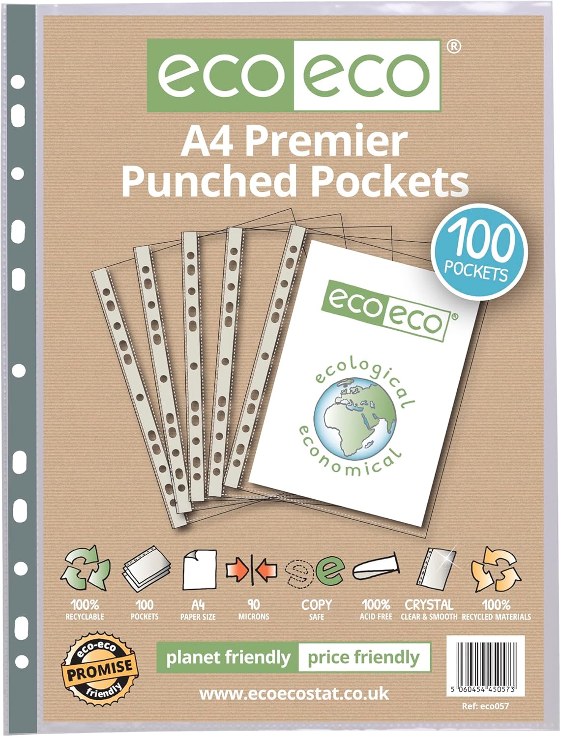 Pack of 100 Eco-Eco Stationery A4 recycled punched pockets, 90 microns, durable, eco-friendly multi-punched plastic document sleeves.