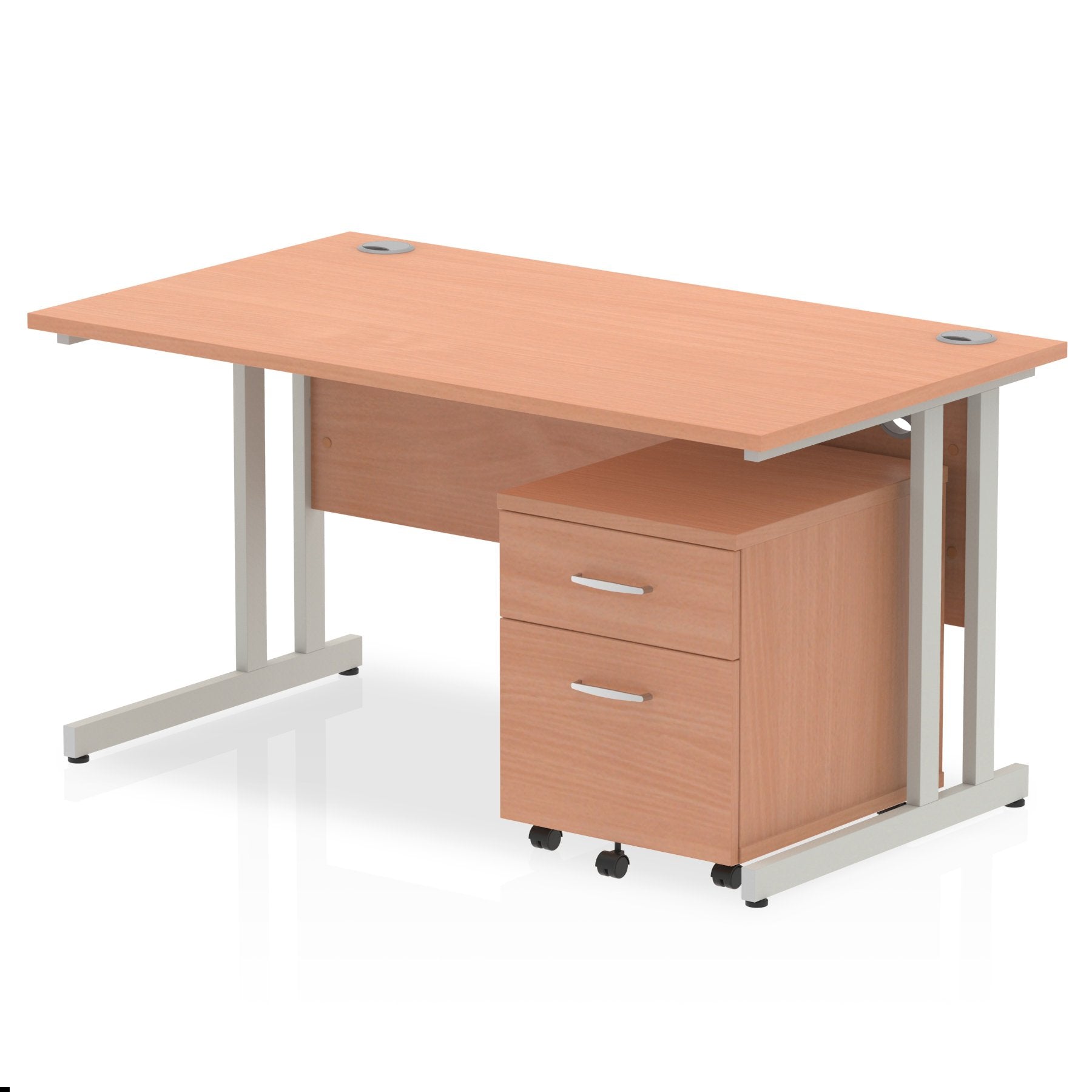 Impulse Cantilever Straight office Desk W1400 x D800 x H730mm Beech Finish Silver Frame With 2 Drawer Mobile Pedestal - MI000951 DD
