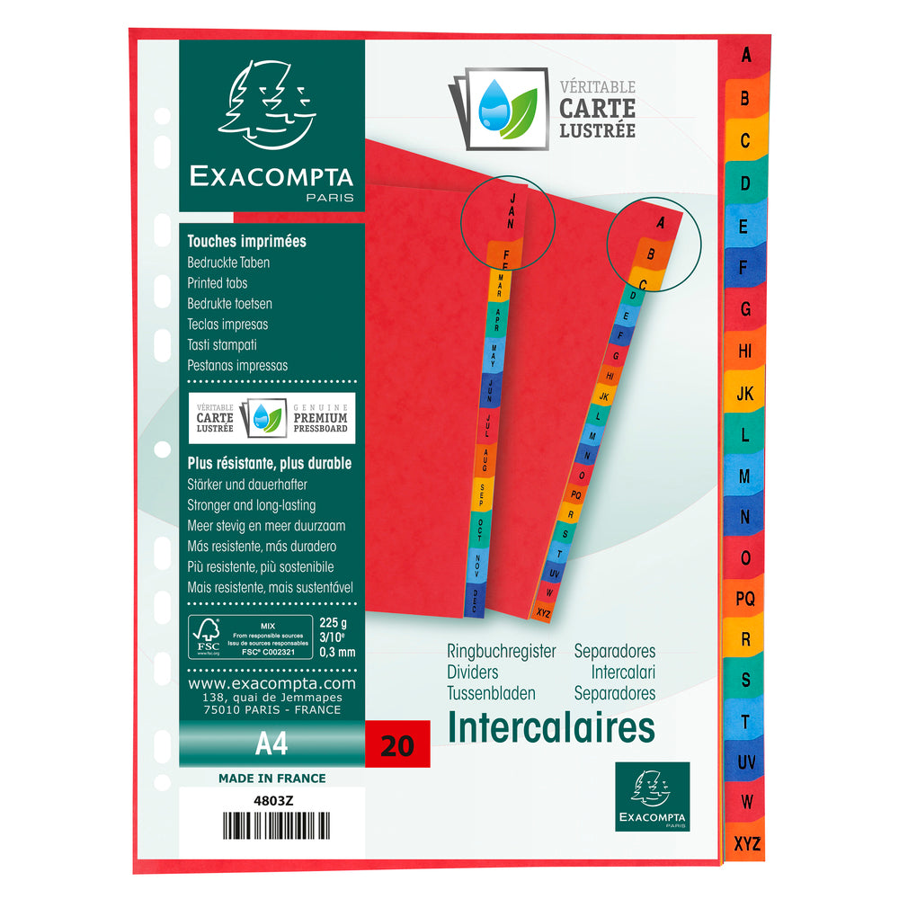 Exacompta Index A-Z A4 225gsm Pressboard Assorted Colours - 4803Z